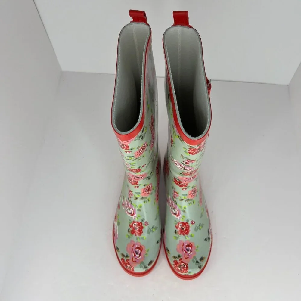 Womens Green Waterproof Garden Strap Floral Mid Calf Slip On Size 6 Rain Boots